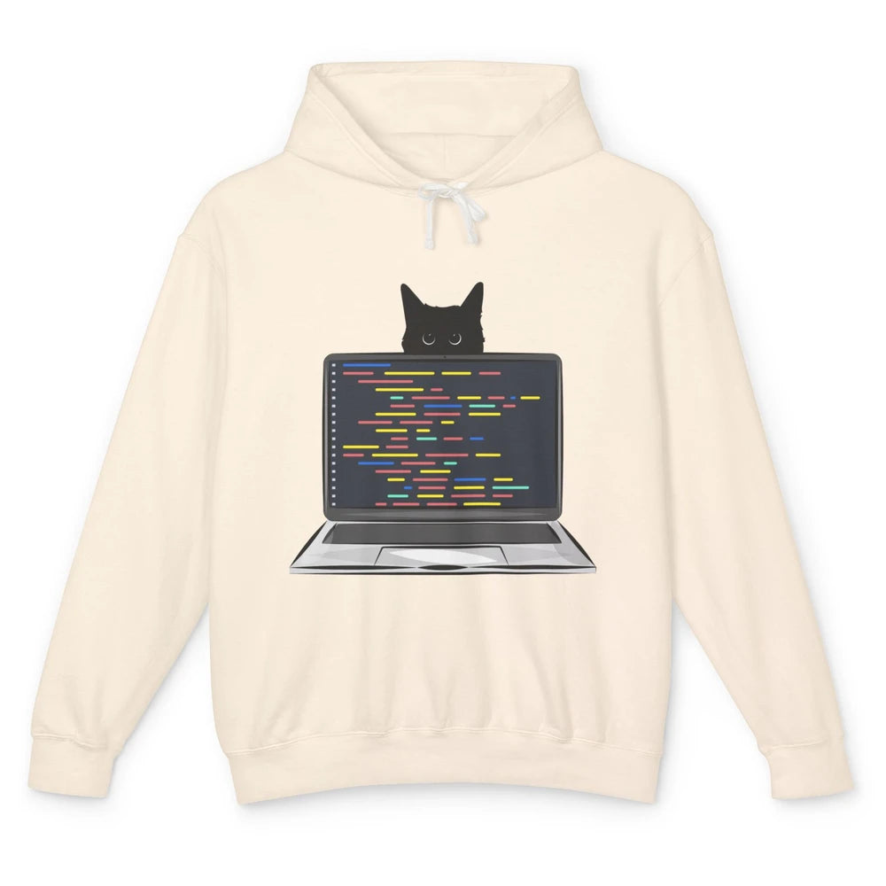 Funny Software Engineer Black Cat Coding Computer Code Humor Unisex Lightweight Hoodie