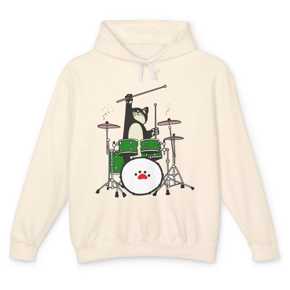 Funny Black Cat Playing Drum Drummer Kitten Musician Song Unisex Lightweight Hoodie