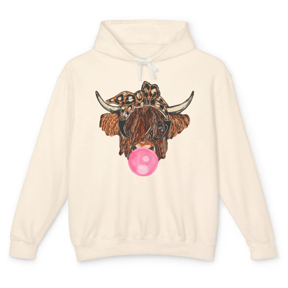 Highland Cow Leopard Bandana Glasses Bubble Gum Western Gift Unisex Lightweight Hoodie