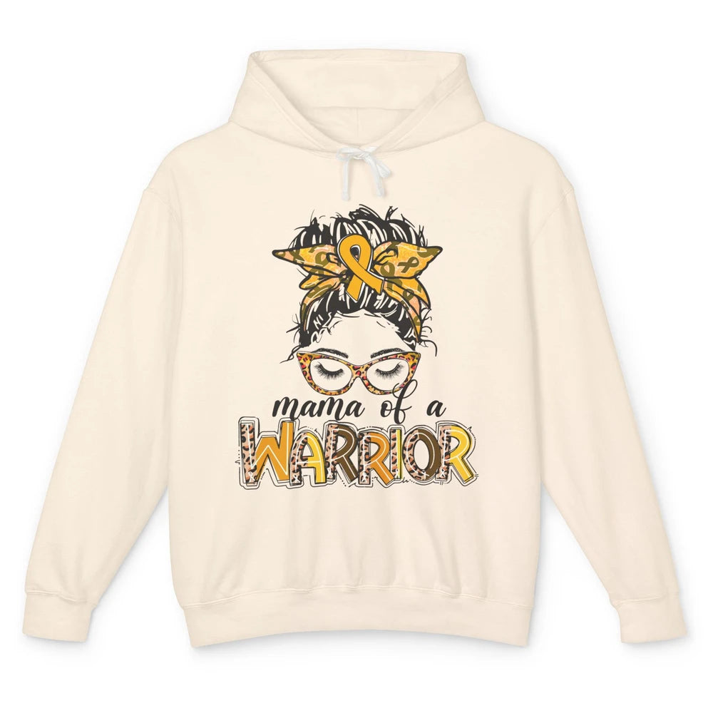 Mama Warrior Childhood Cancer Messy Hair Leopard Gold Ribbon Unisex Lightweight Hoodie