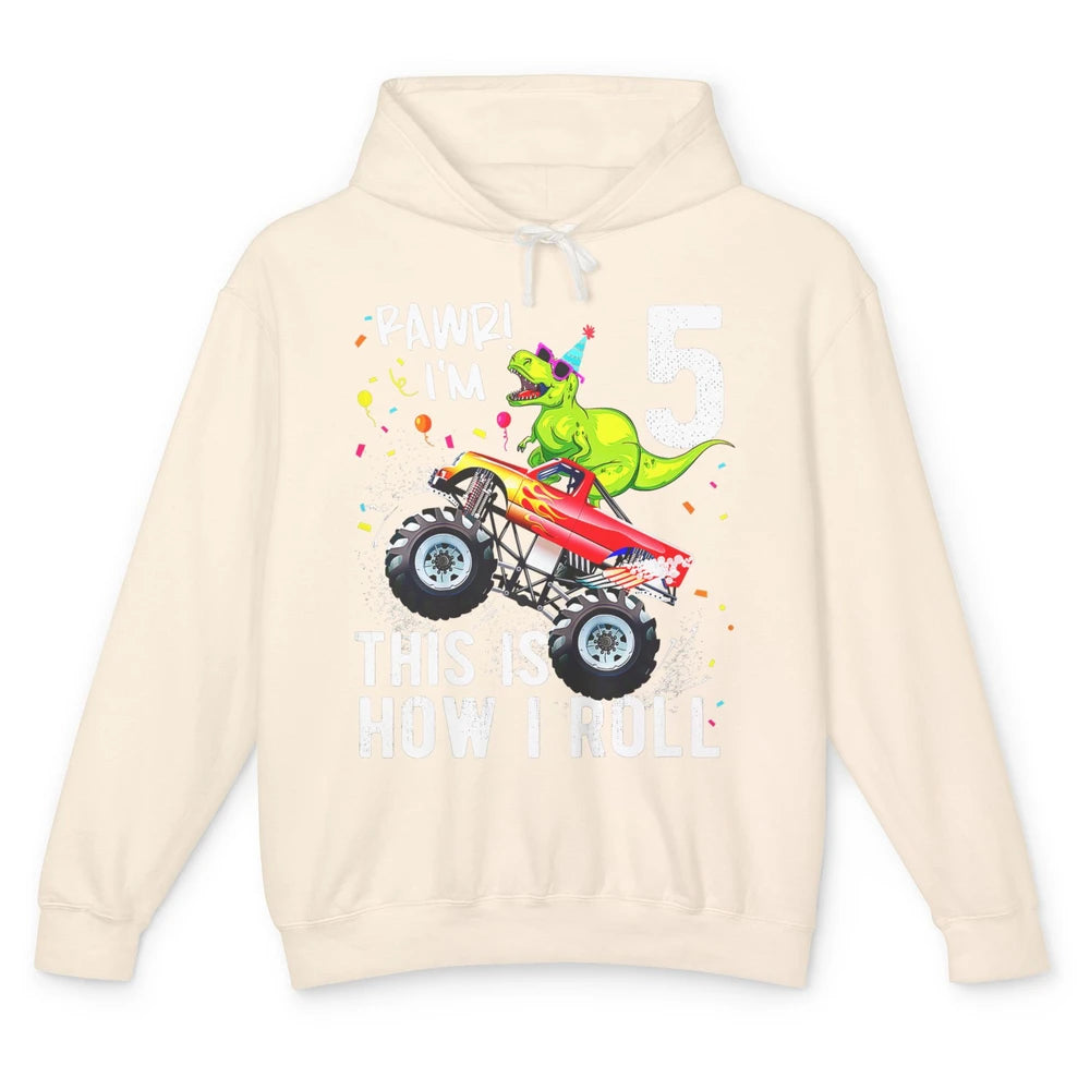 Funny T Rex Dinosaur Monster Truck Happy 5 Birthday Boy Rawr Unisex Lightweight Hoodie