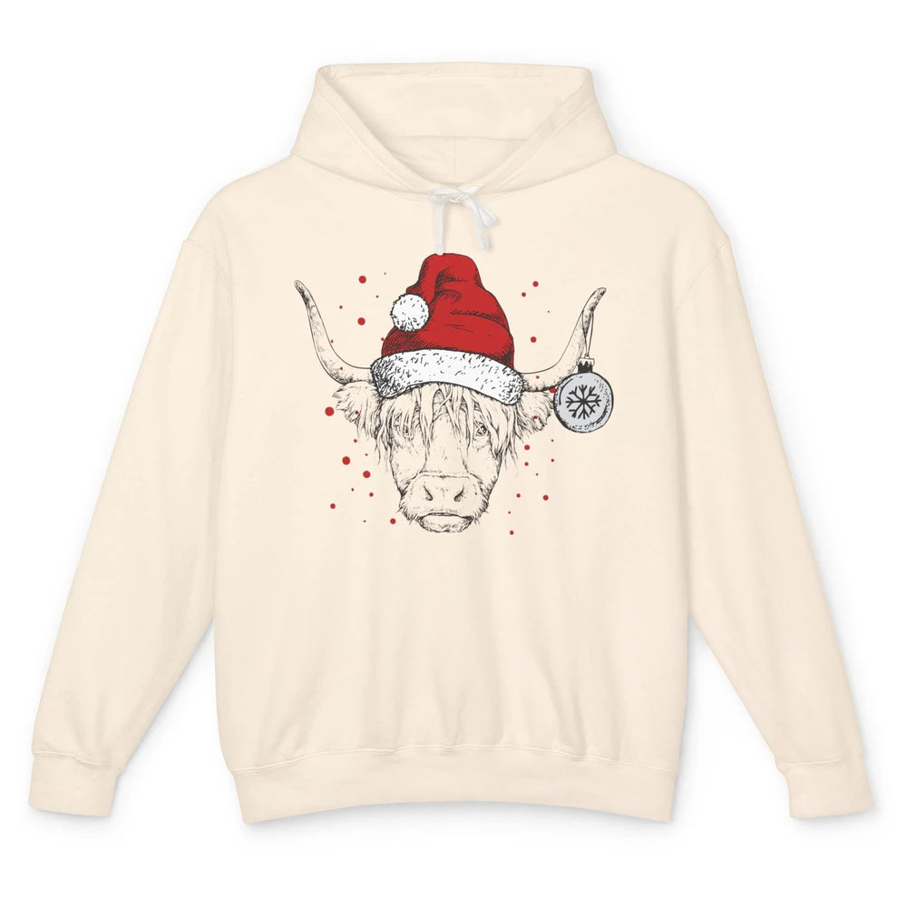 Cute Highland Cow Christmas With Santa Hat Western Xmas Cow Unisex Lightweight Hoodie