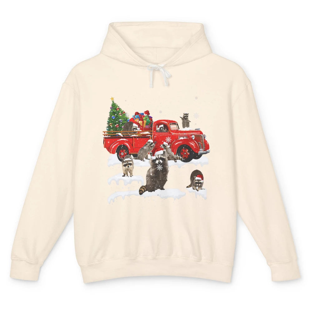 Funny Red Truck Raccoon Xmas Tree Lights Merry Christmas Unisex Lightweight Hoodie