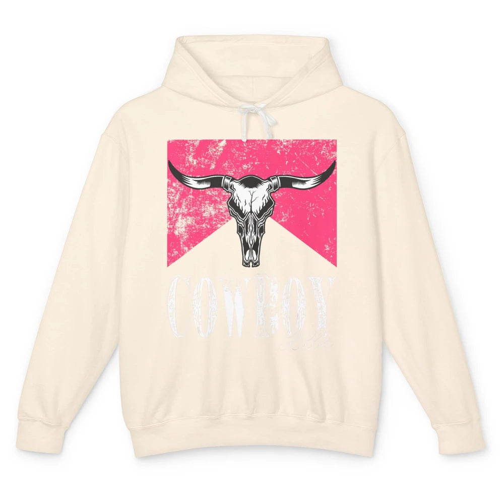 Western Cowboy Bull Skull Pink Southern Country Killer Retro Unisex Lightweight Hoodie