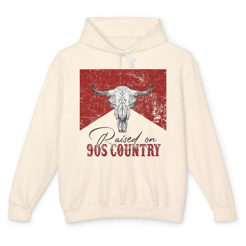 Raised On 90s Country Bull Skull Retro Western Country Rodeo Unisex Lightweight Hoodie