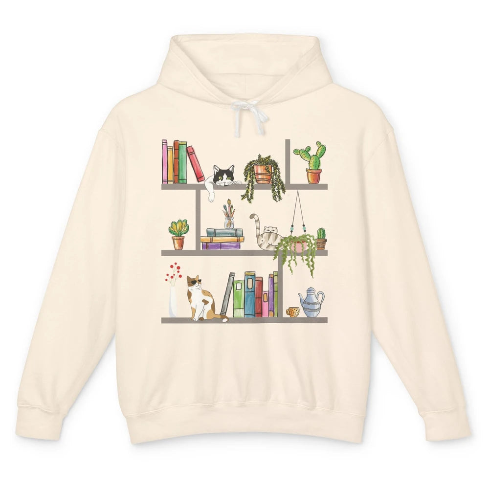 Funny Cats Lying On Floral Bookshelf Book Kitten Minimalist Unisex Lightweight Hoodie