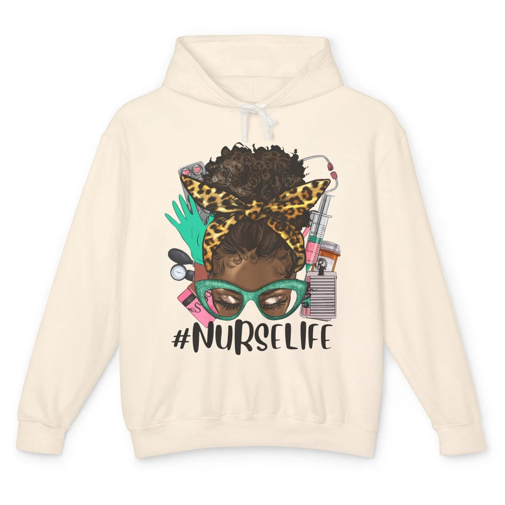 Afro Nurse Messy Bun Hair Black Melanin Nurse Life Leopard Unisex Lightweight Hoodie