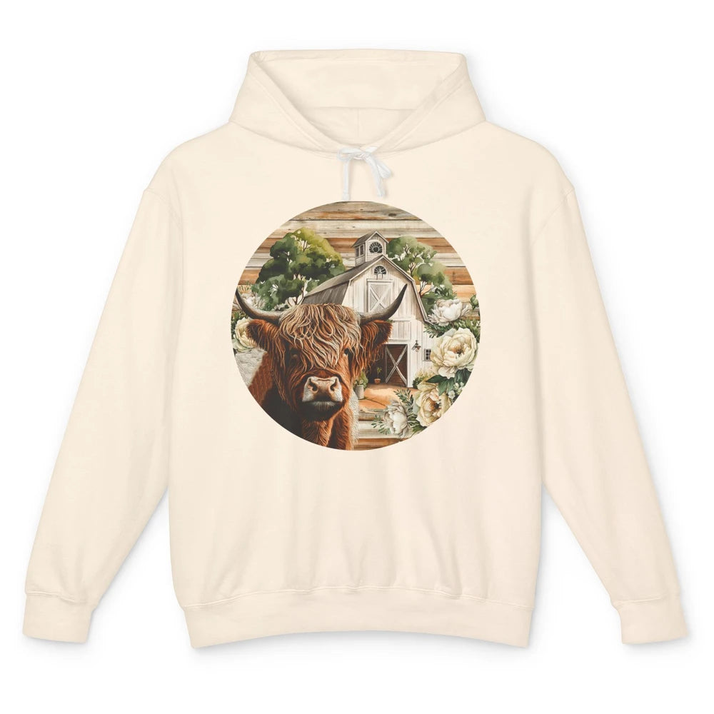 Retro Farm Highland Cow Barn House Western Country Farmer Unisex Lightweight Hoodie