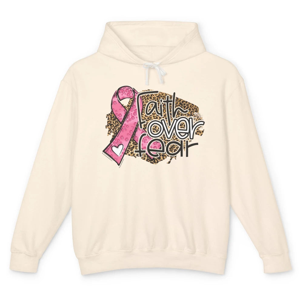 Pink Ribbon Breast Cancer Awareness Faith Over Fear Leopard Unisex Lightweight Hoodie