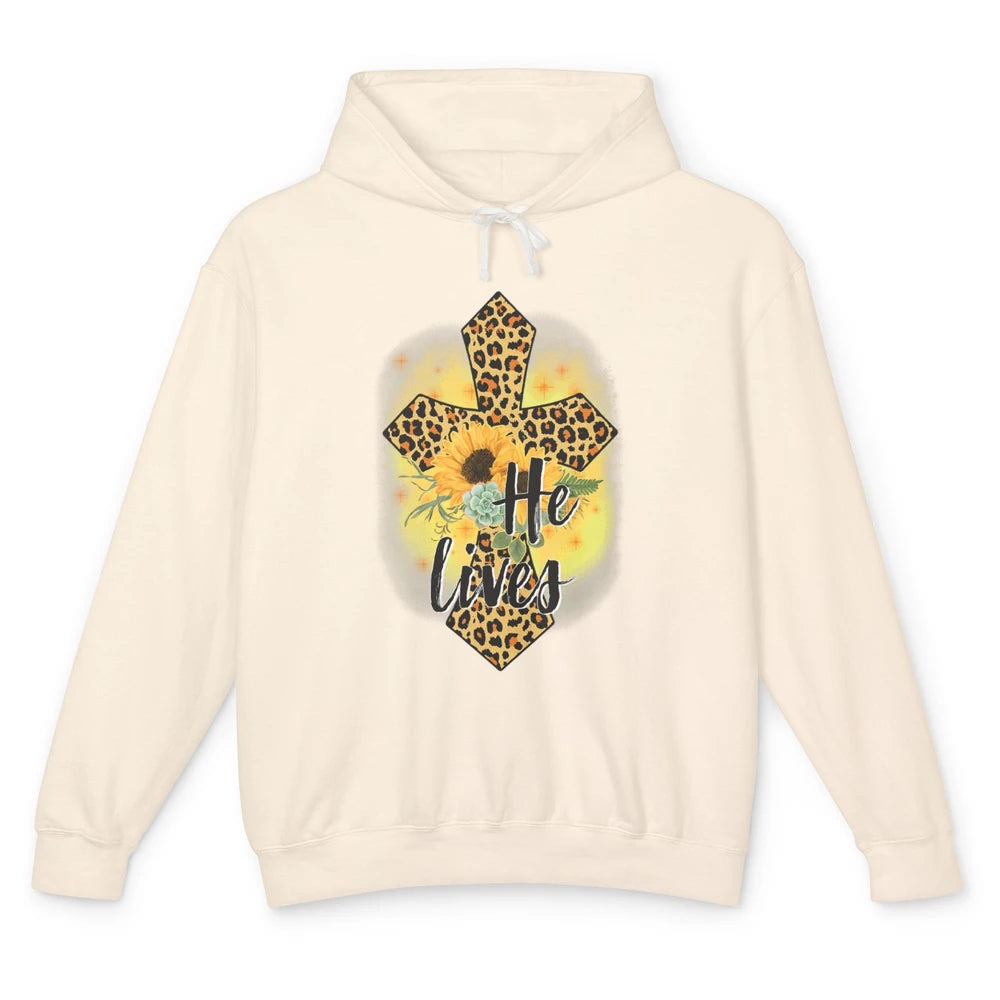 He Lives Sunflowers Faith Cross Christian Bible Religious Unisex Lightweight Hoodie