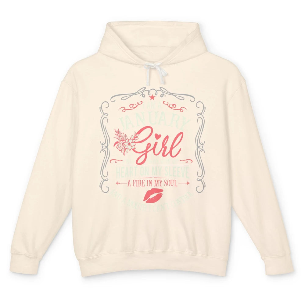 Retro January Girl Born With My Heart On My Sleeve Birthday Unisex Lightweight Hoodie