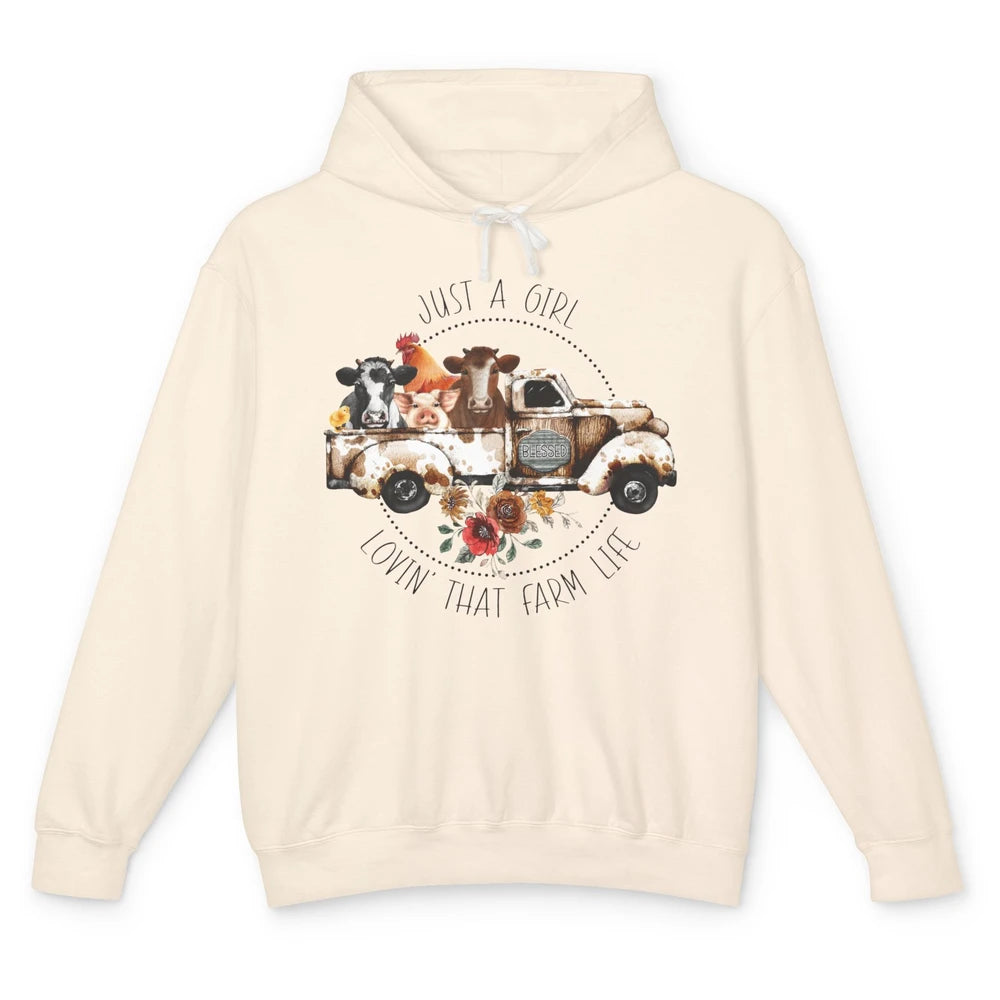 Retro Truck Just A Girl Loving That Farm Life Farm Animals Unisex Lightweight Hoodie