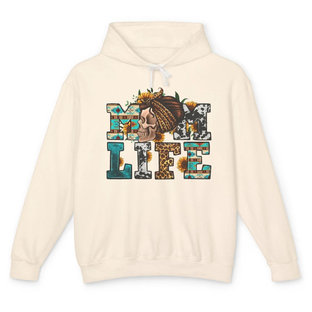 Sunflower Leopard Messy Bun Skull Mom Life Western Mama Life Unisex Lightweight Hoodie