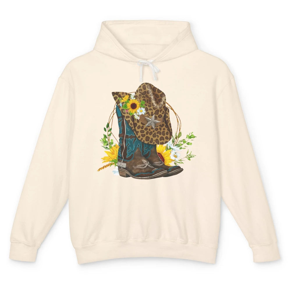 Western Floral Cowboy Boots Hat Leopard Flower Texas Vintage Unisex Lightweight Hoodie