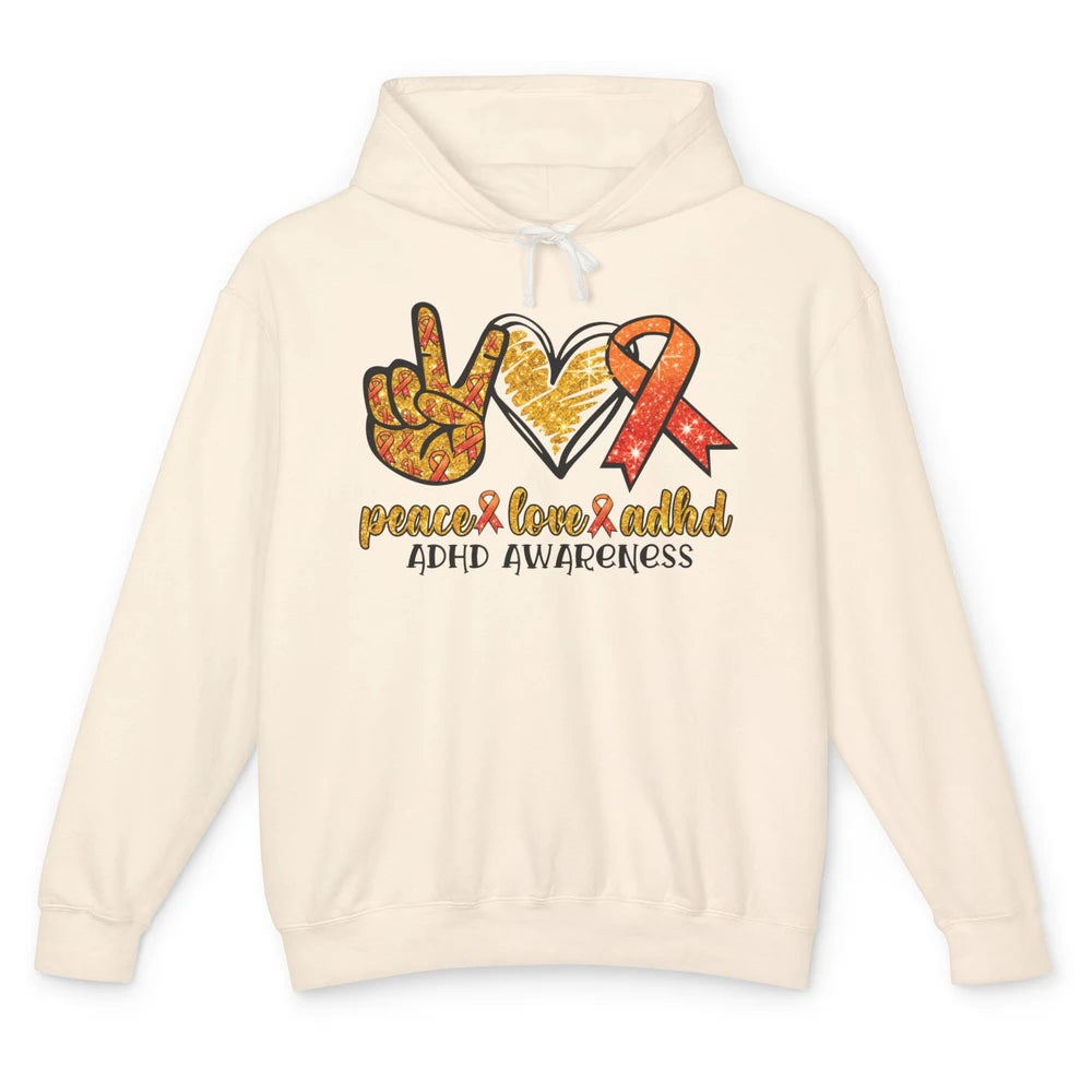 ADHD Awareness Month Peace Love ADHD Orange Ribbon Unisex Lightweight Hoodie