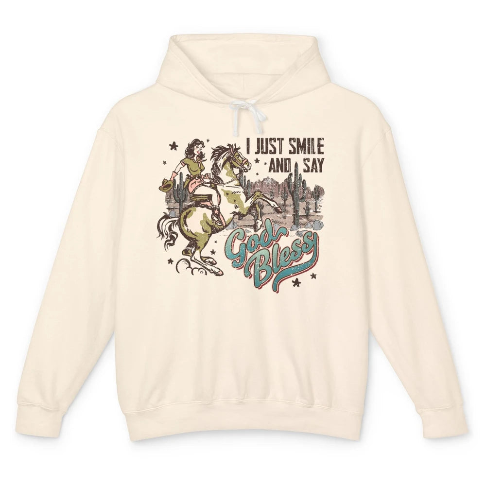 Retro Cowgirl Horsing I Just Smile And Say God Bless Western Unisex Lightweight Hoodie