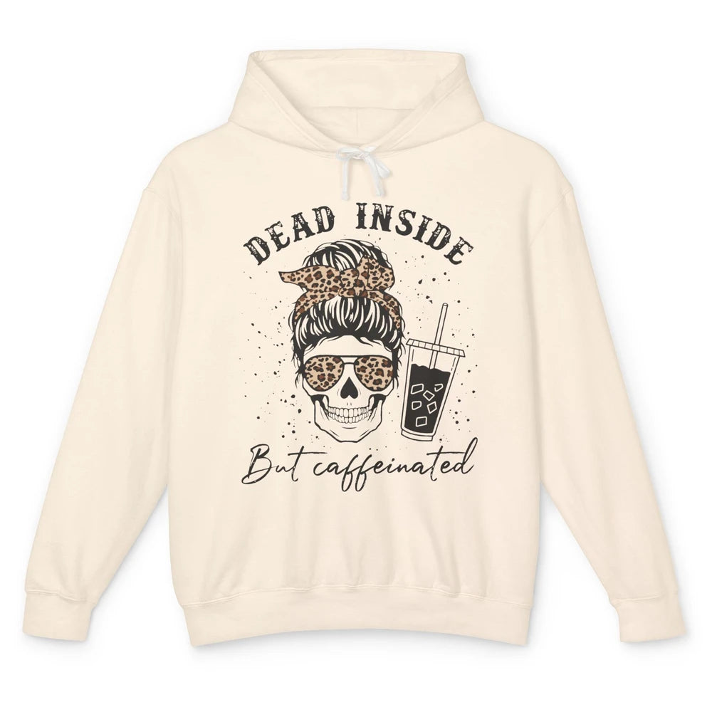 Funny Messy Bun Skull Dead Inside But Caffeinated Leopard Unisex Lightweight Hoodie