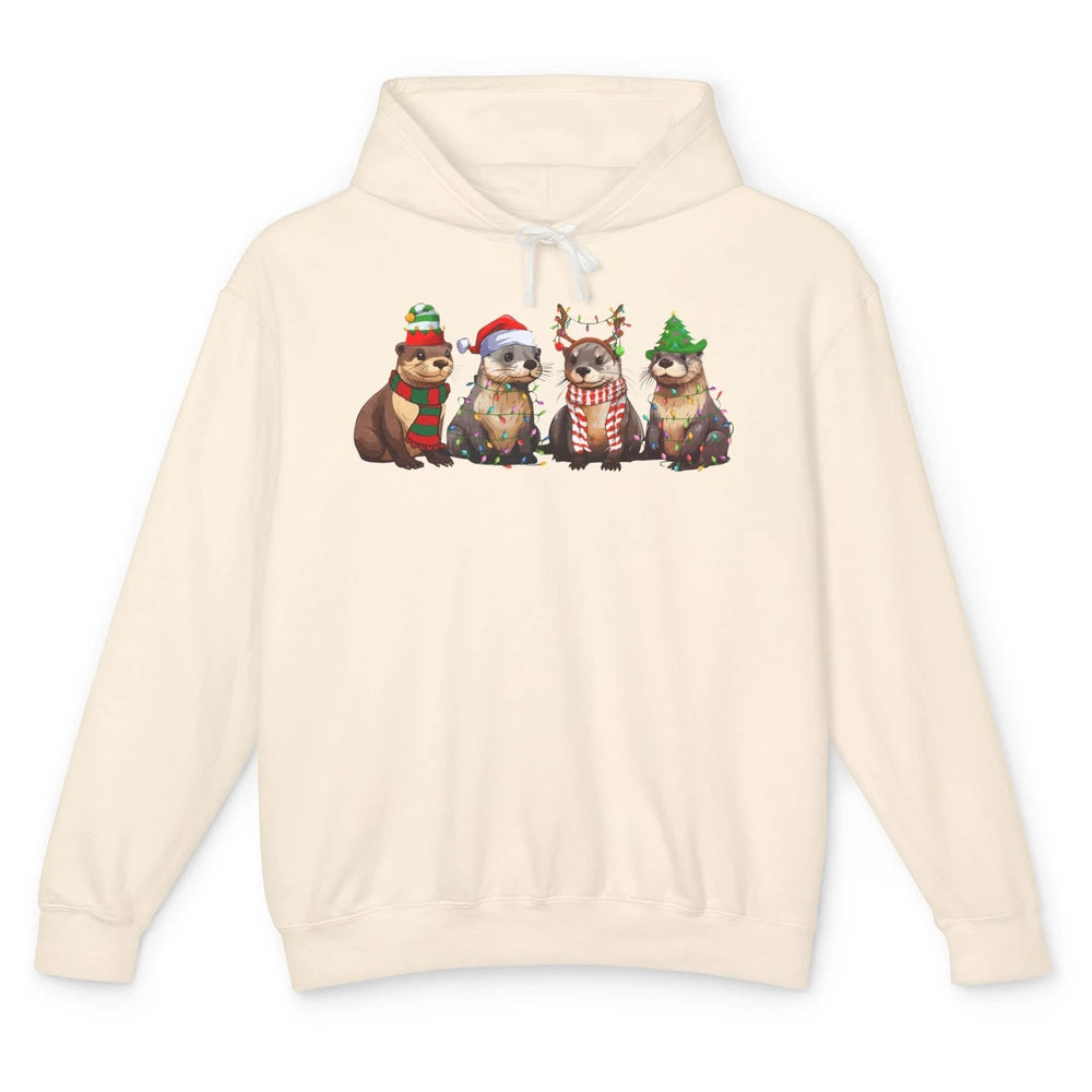 Otters Christmas Lights Sea Animal Christmas Otter Lovers Unisex Lightweight Hoodie