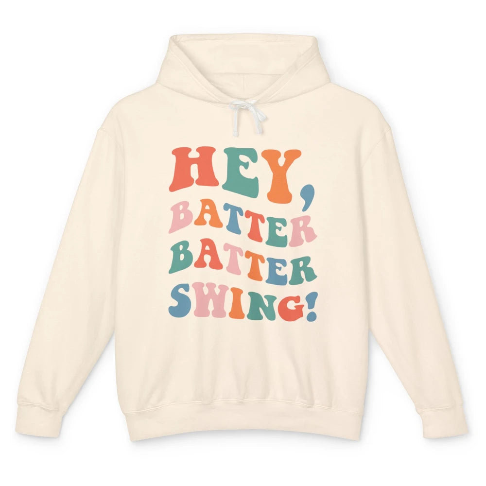 Hey Batter Batter Swing Baseball Softball Groovy Sports Boho Unisex Lightweight Hoodie