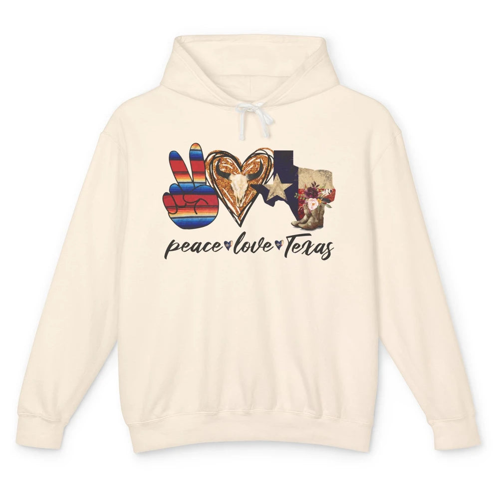 Retro Peace Love Texas Cowboy Boots Western Country Cowgirl Unisex Lightweight Hoodie