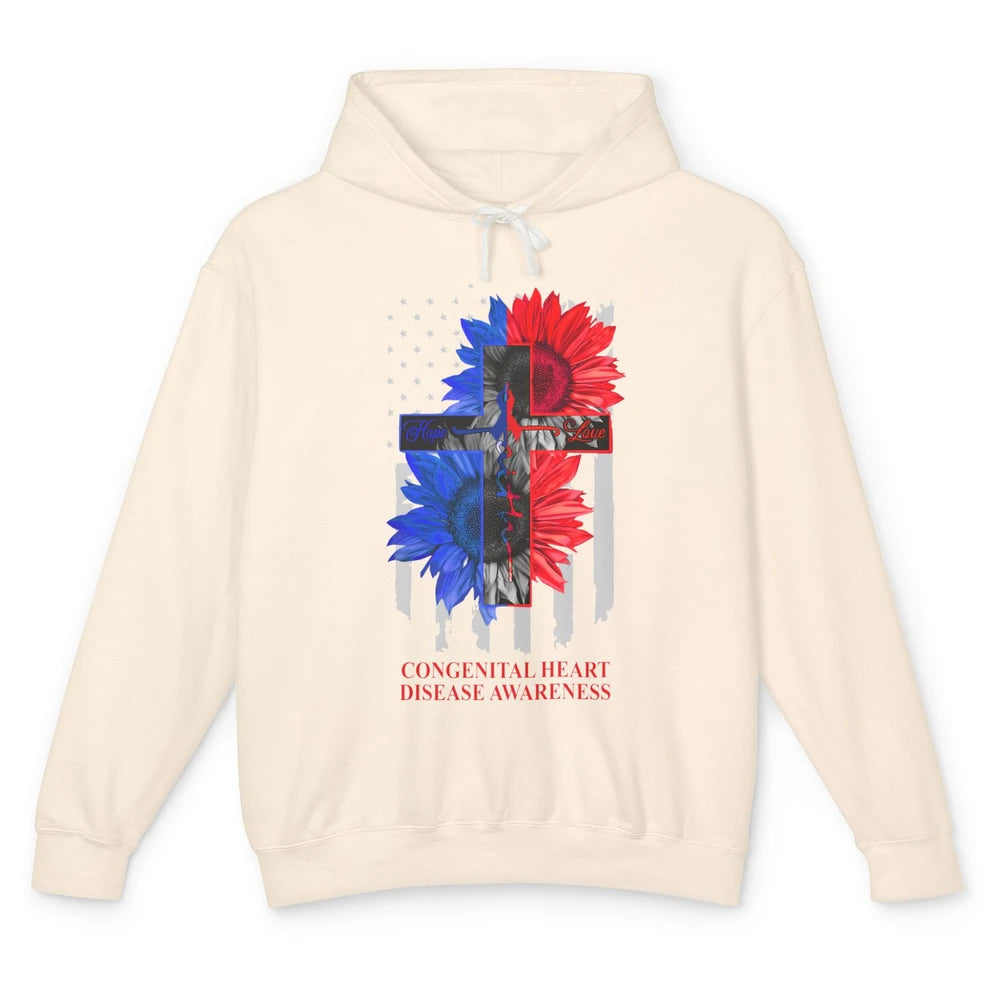 Congenital Heart Disease Awareness US Flag Faith CHD Ribbon Unisex Lightweight Hoodie