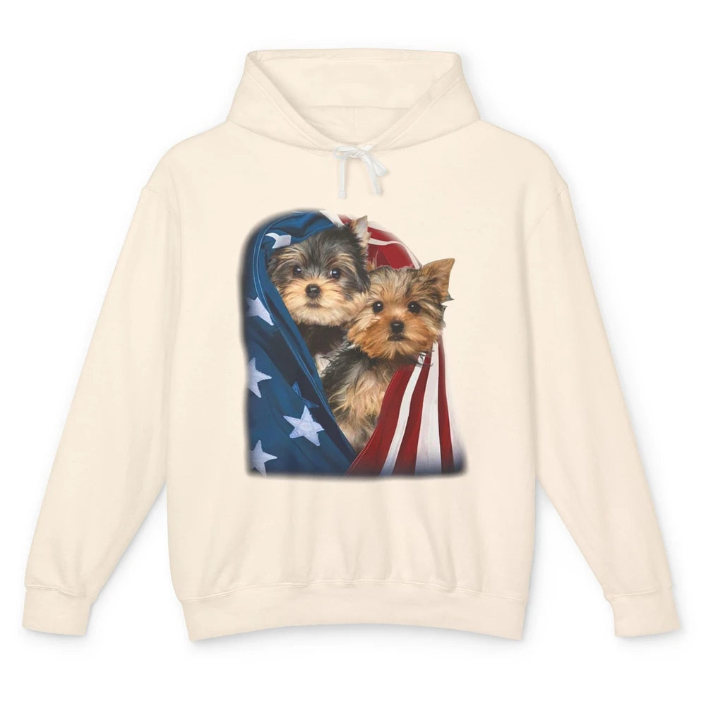 Yorkshire Terrier US Flag July 4th Patriotic Yorkie Puppies Unisex Lightweight Hoodie