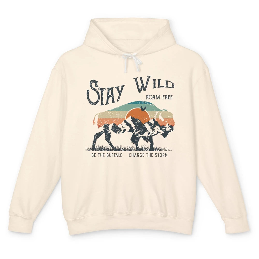 Retro Buffalo Mountain Sunset Stay Wild Roam Free Western Unisex Lightweight Hoodie