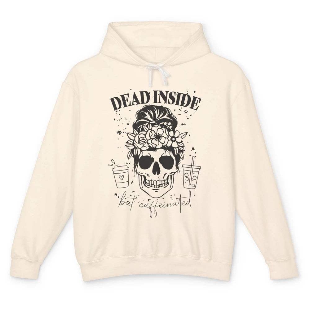 Funny Messy Bun Skull Dead Inside But Caffeinated Halloween Unisex Lightweight Hoodie