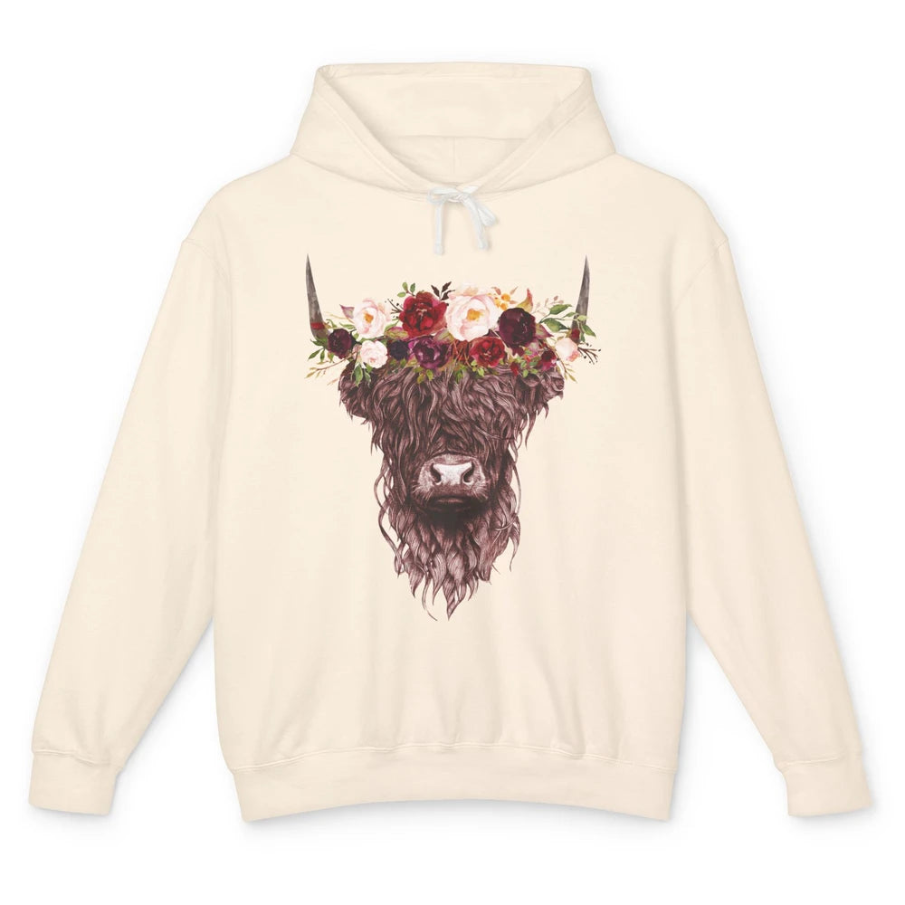 Floral Highland Cow Western Farm Animals Highland Cow Lovers Unisex Lightweight Hoodie