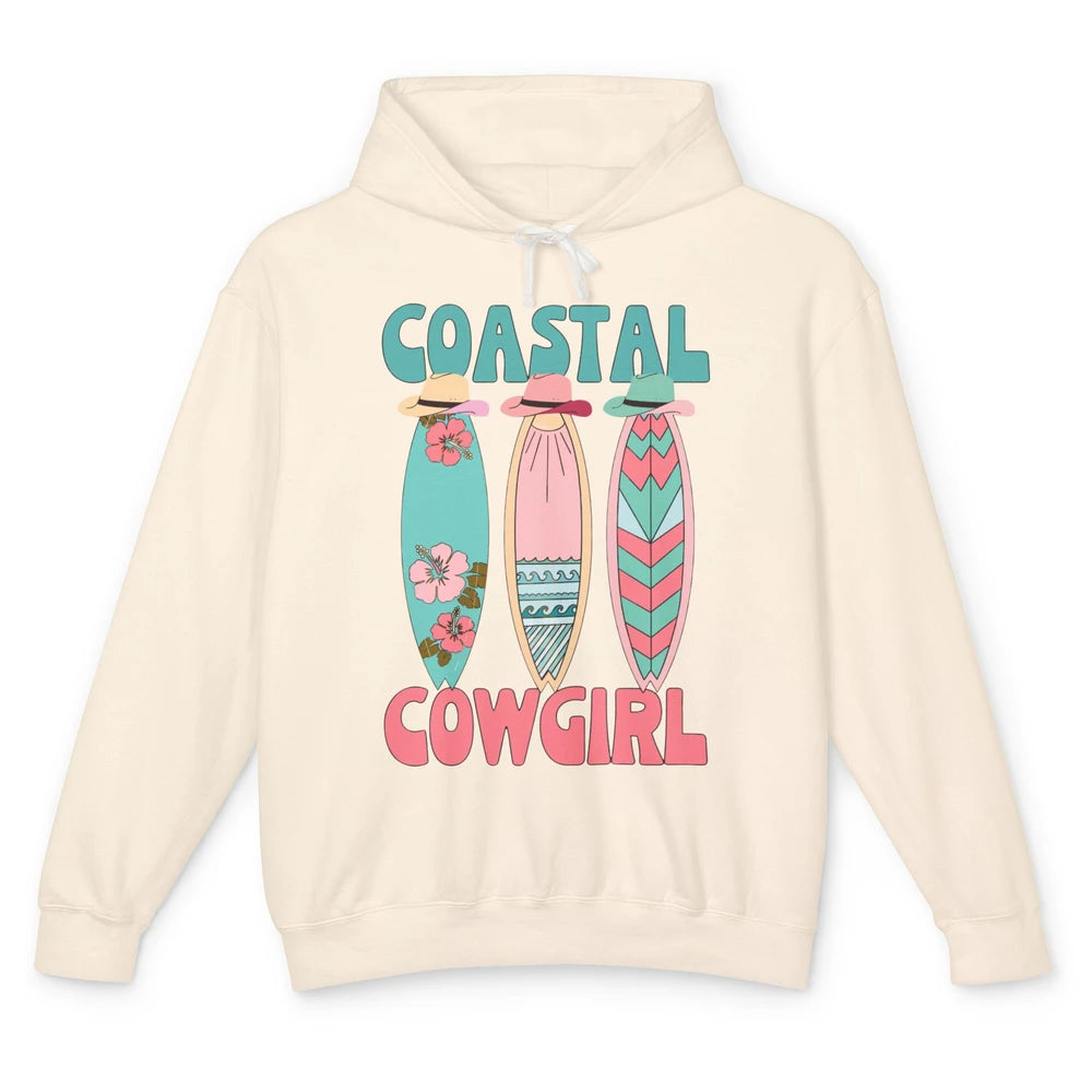 Retro Coastal Cowgirl Surfboards Western Cowgirl Beach Life Unisex Lightweight Hoodie