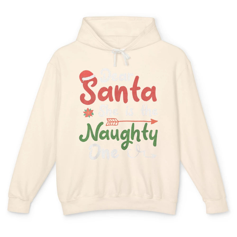 Merry Christmas Dear Santa She Is Naughty One Xmas Hat Vibes Unisex Lightweight Hoodie