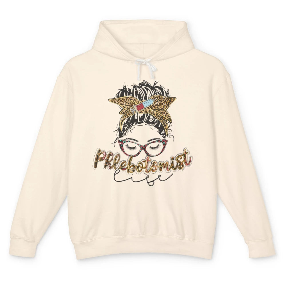 Retro Leopard Phlebotomist Life Messy Bun Mom Phlebotomy Unisex Lightweight Hoodie