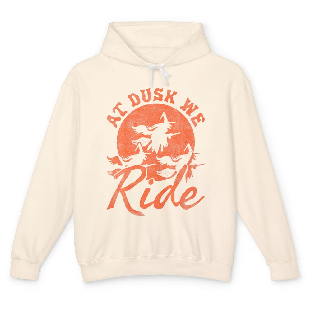 At Dusk We Ride Witch Hat Broom Moon Halloween Spooky Season Unisex Lightweight Hoodie