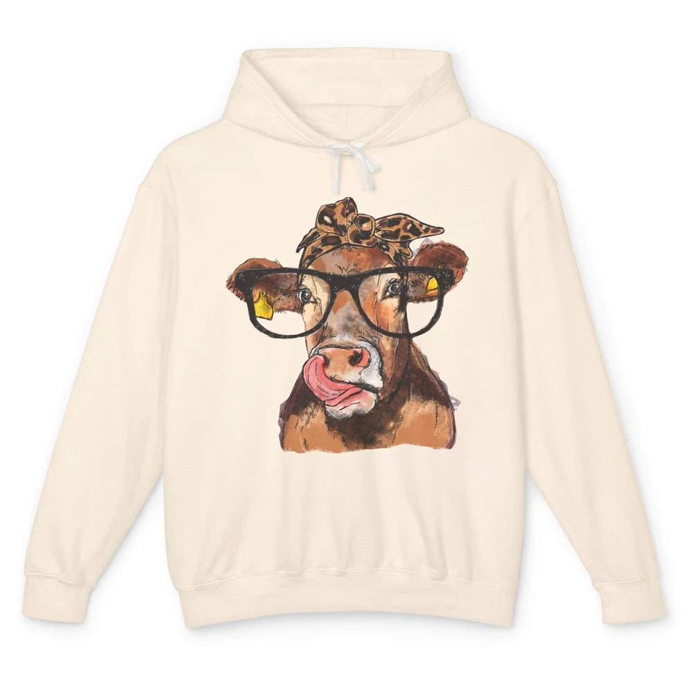 Leopard Bandana Glasses Heifer Lick Funny Cow Cattle Farmers Unisex Lightweight Hoodie