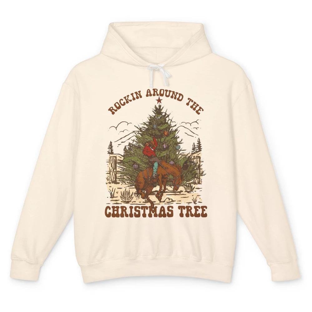 Funny Cowboy Horsing Rocking Around Christmas Tree Western Unisex Lightweight Hoodie