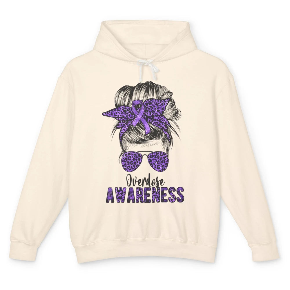 Overdose Awareness Messy Hair Bun Purple Leopard Warrior Unisex Lightweight Hoodie