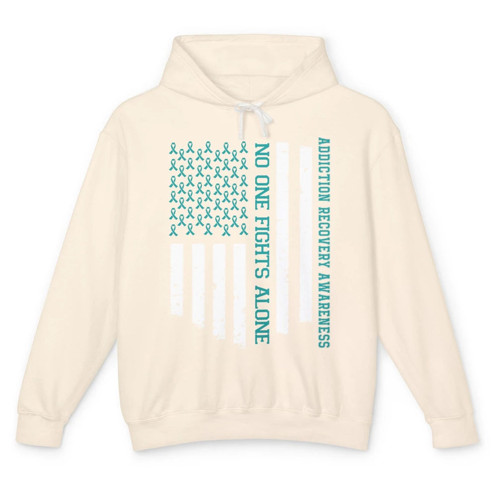 Addiction Recovery Awareness Teal Ribbon No One Fiht Alone Unisex Lightweight Hoodie