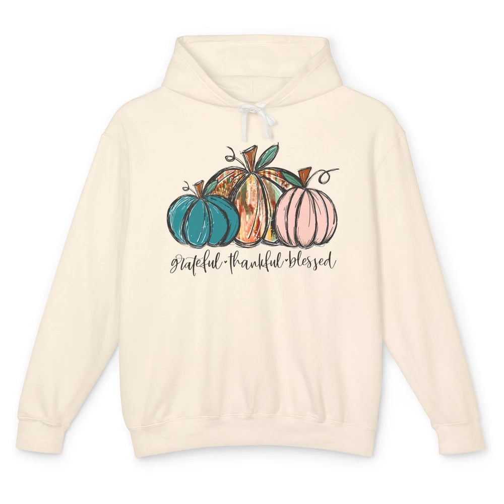 Grateful Thankful Blessed Doodle Pumpkin Fall Thanksgiving Unisex Lightweight Hoodie