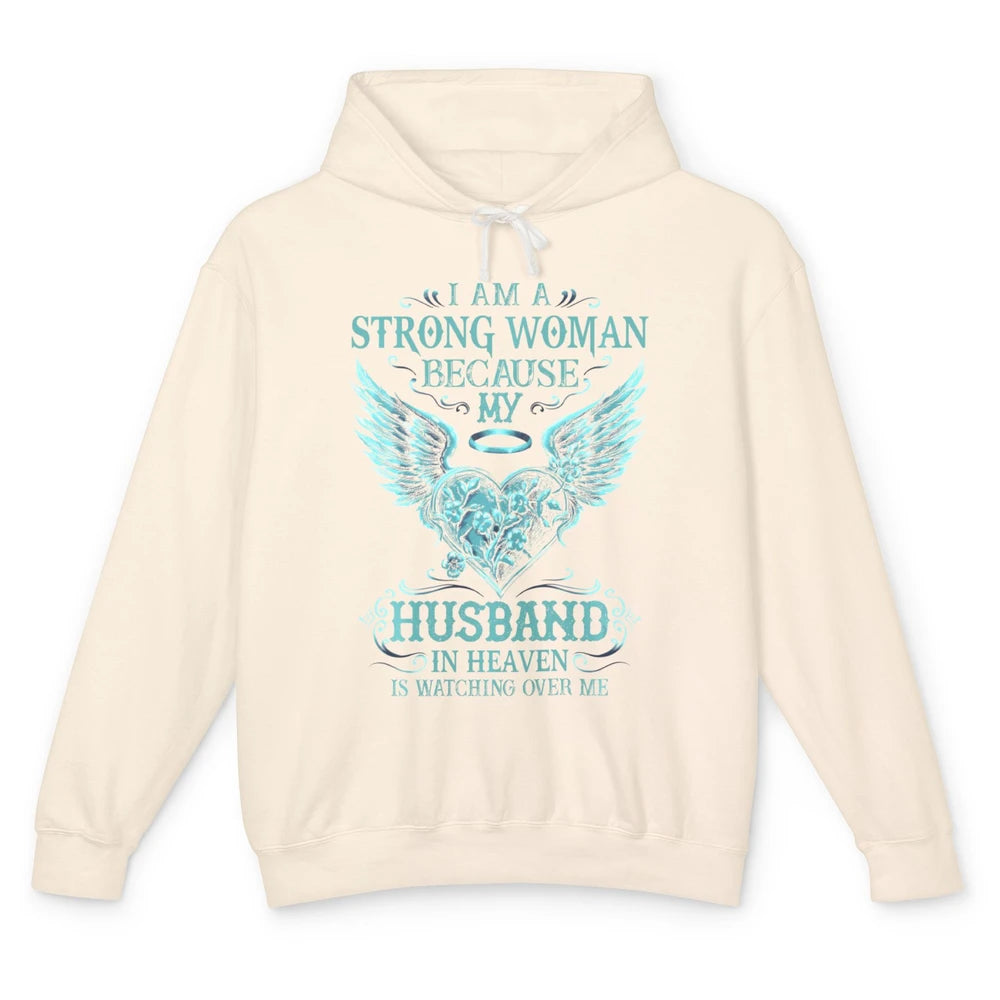 I Am A Strong Woman Because My Husband In Heaven Angel Wings Unisex Lightweight Hoodie