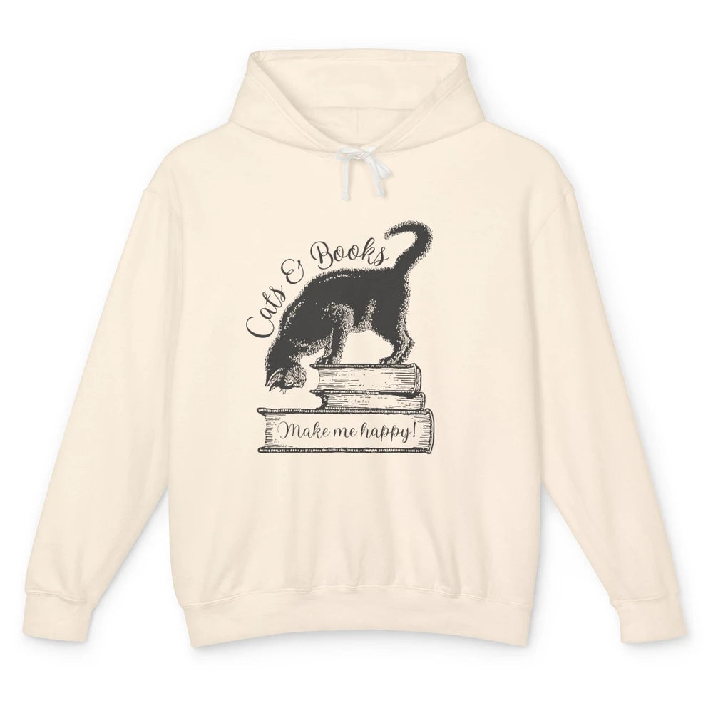 Black Cat Make Me Happy Reading Book Retro Kitten Bookish Unisex Lightweight Hoodie