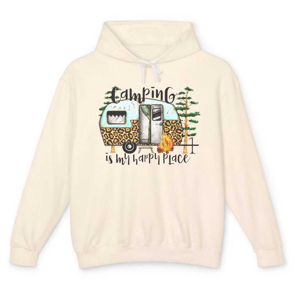 Campers Camping Is My Happy Place Leopard Camping Lover Gift Unisex Lightweight Hoodie