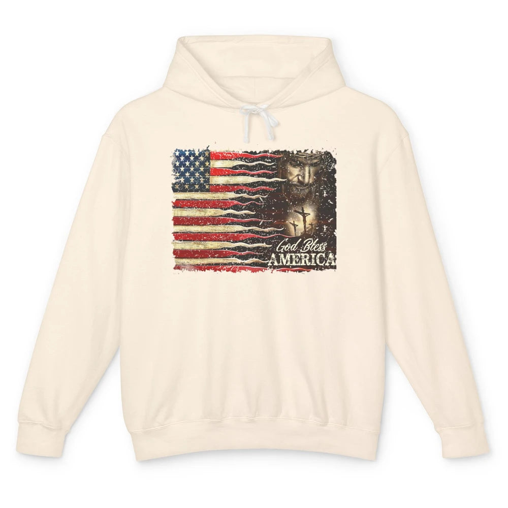 Retro US Flag Jesus Cross God Bless America Patriot July 4th Unisex Lightweight Hoodie