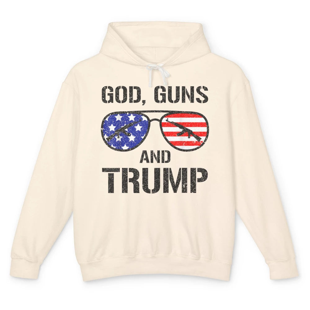 Funny God Guns Donald Trump Vote 2024 Glasses Republican Pun Unisex Lightweight Hoodie