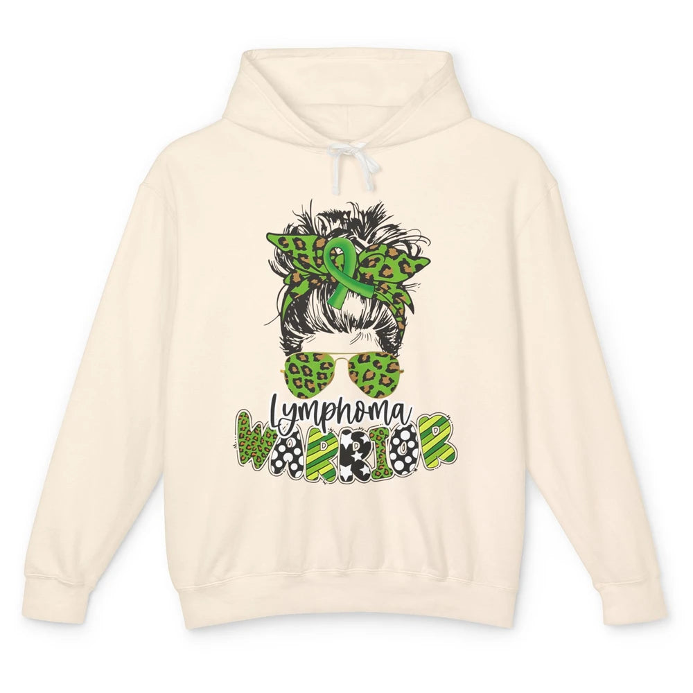 Warrior Fight Lymphoma Cancer Green Leopard Ribbon Messy Bun Unisex Lightweight Hoodie