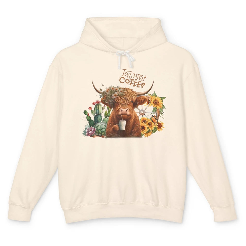 Desert Highland Cow But First Coffee Western Country Animal Unisex Lightweight Hoodie