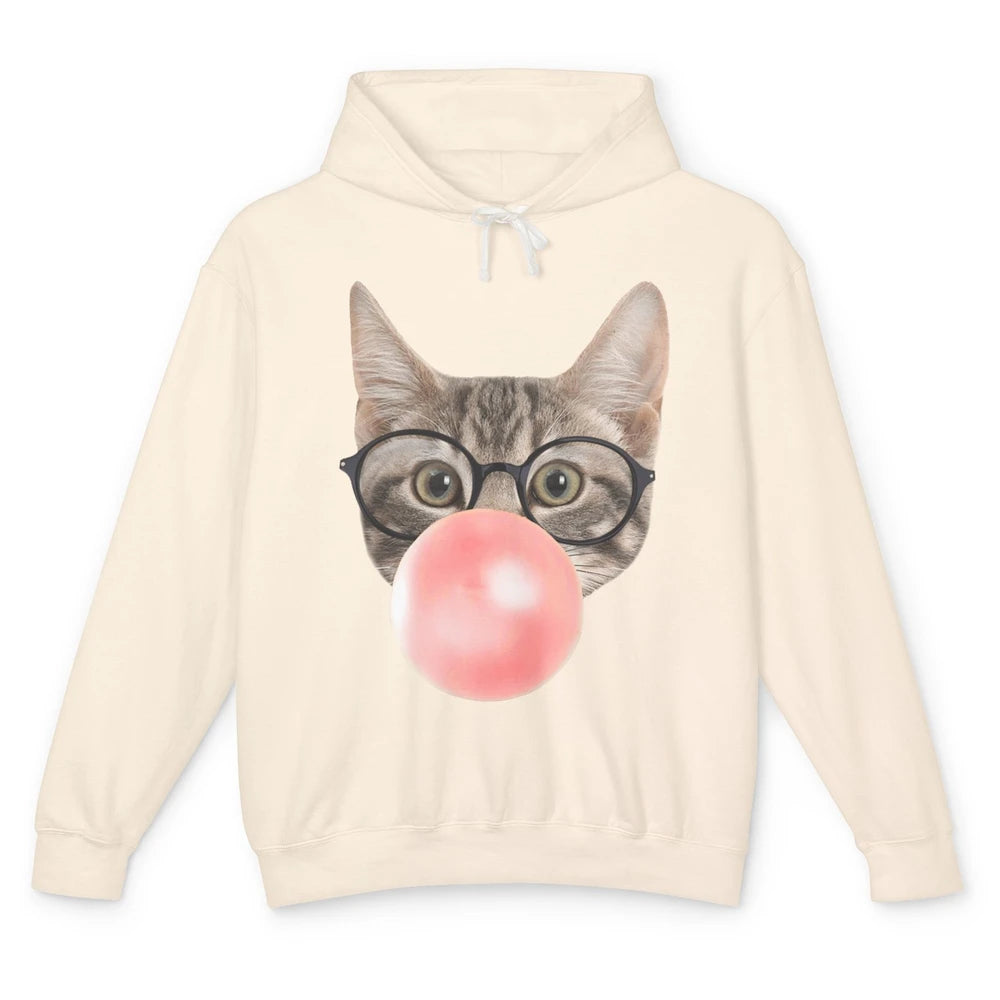 Funny Cat Blow Giant Bubble Gum Pink Glasses Sarcastic Pun Unisex Lightweight Hoodie