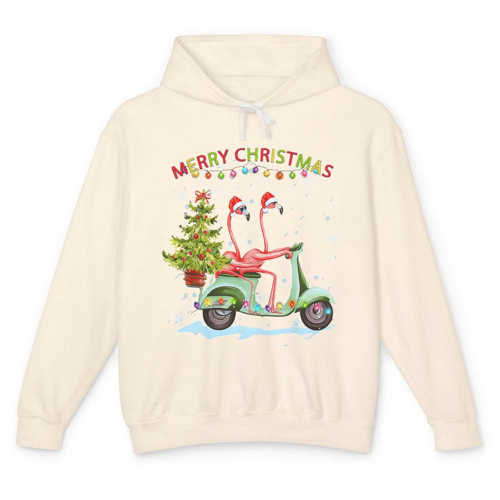 Merry Christmas Flamingos Santa Hat Xmas Lights Motorbike Unisex Lightweight Hoodie