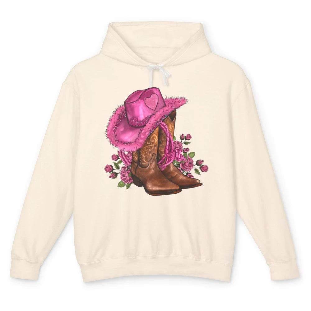 Valentines Day Hat Boots Cowgirl Pink Rose Flowers Retro Unisex Lightweight Hoodie