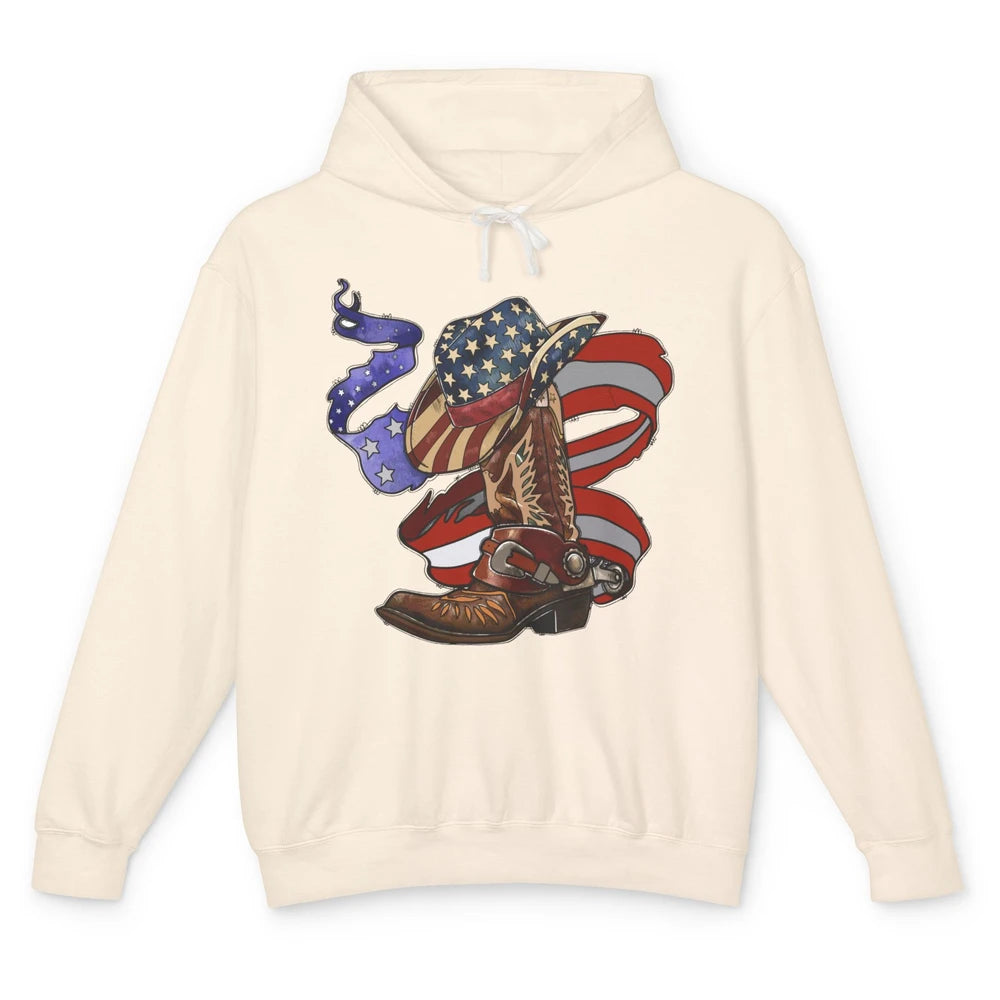 US Flag Cowboy Boots Hat Patriotic Cowboy July 4th Western Unisex Lightweight Hoodie