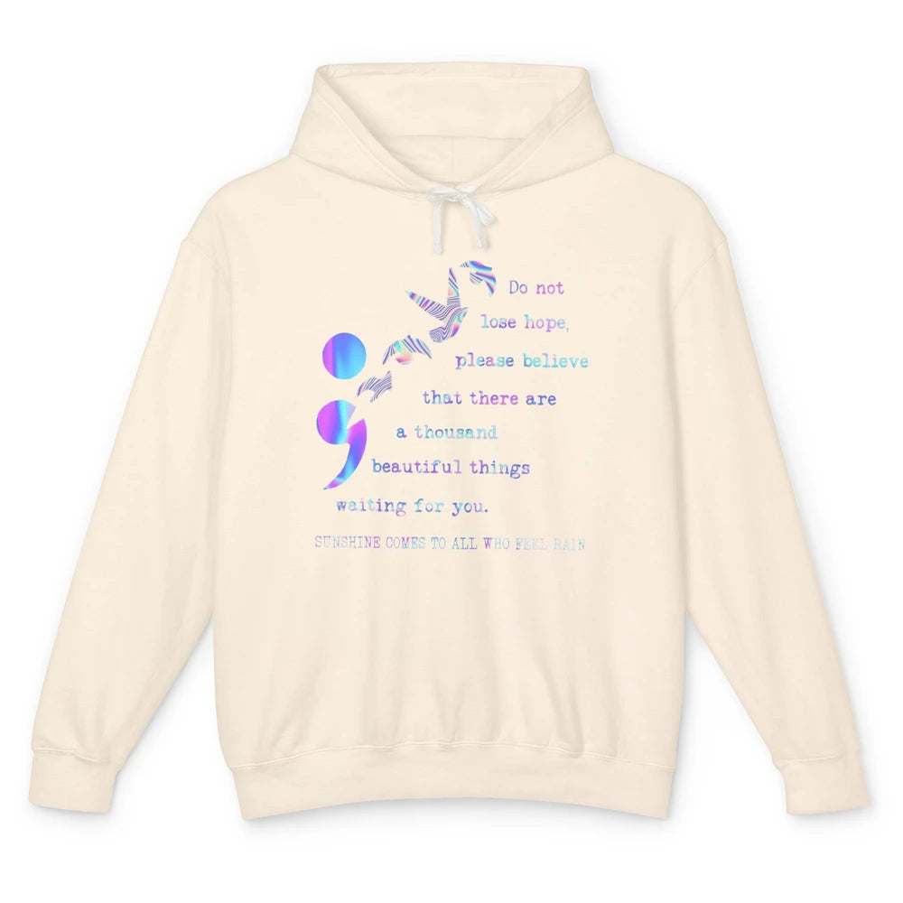 Semicolon Turquoise Ribbon Bird Suicide Prevention Month Unisex Lightweight Hoodie